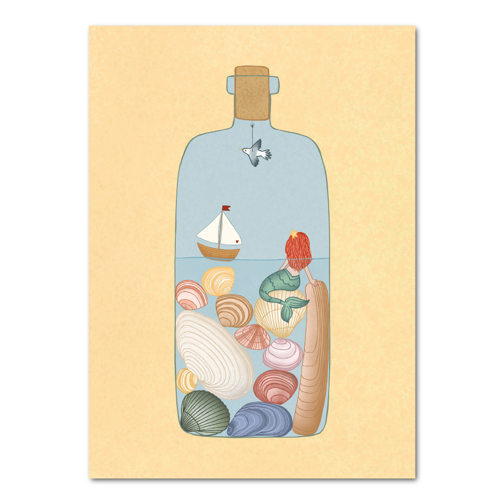 Zeemeermin in fles met schelpen | A4 print