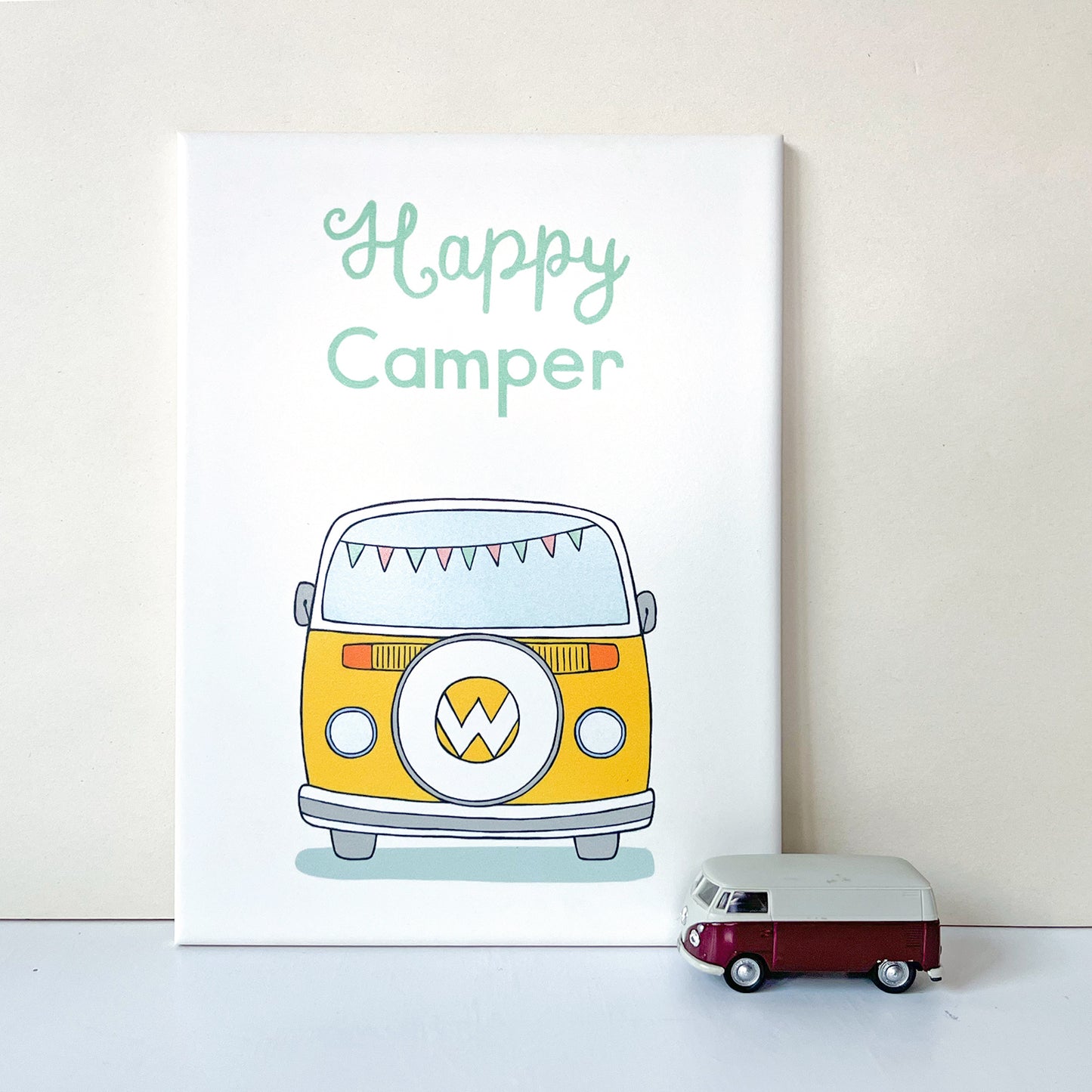 Decorative tile Happy Camper with yellow VW bus