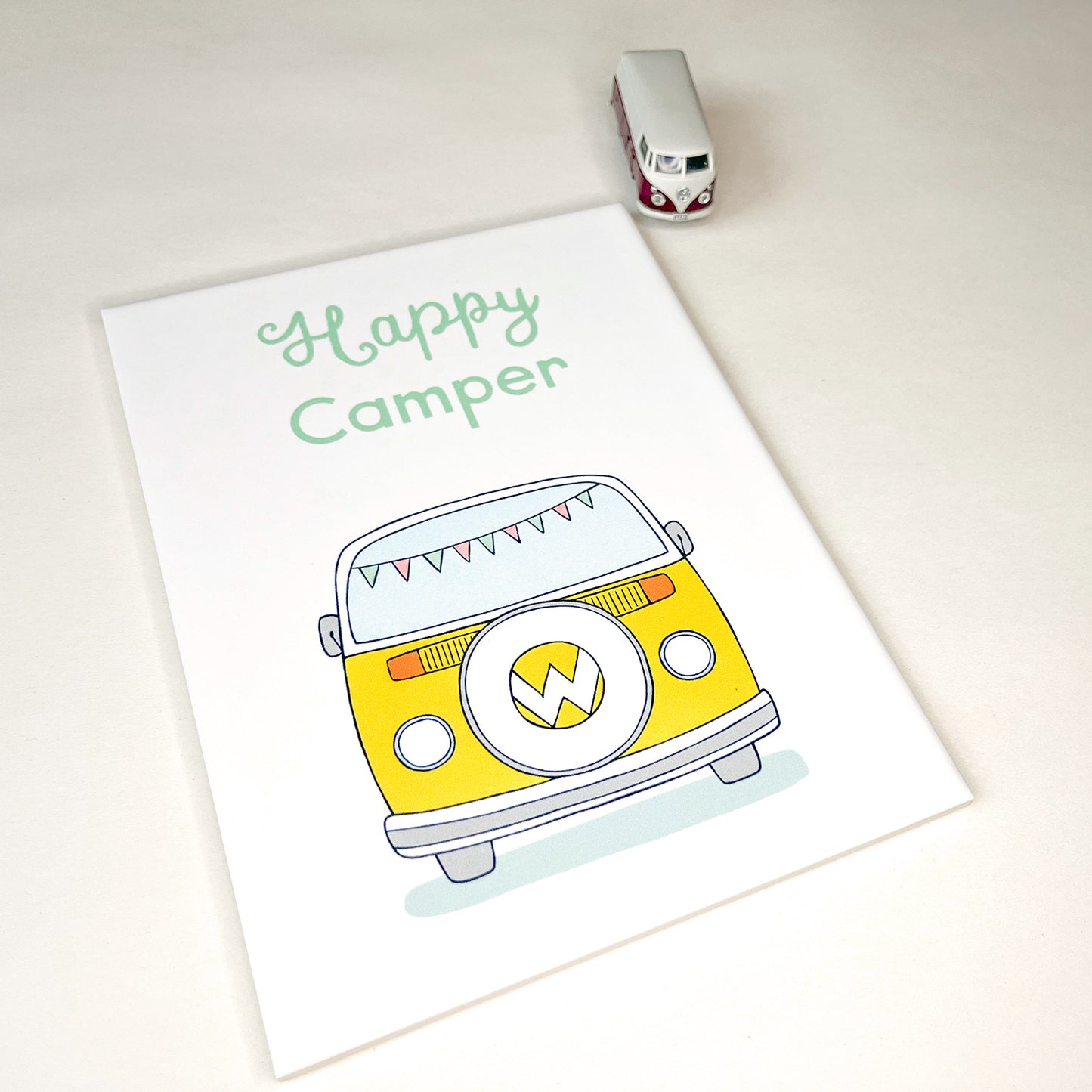 Decorative tile Happy Camper with yellow VW bus