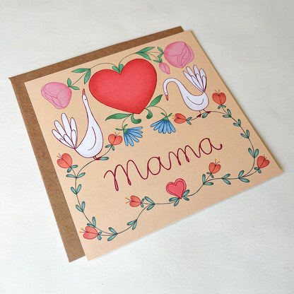 Mama kaart met gansjes, harten en bloemen