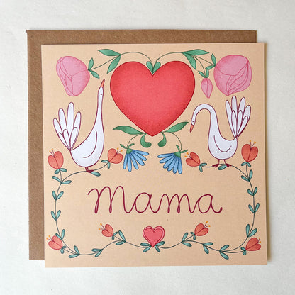 Mama kaart met gansjes, harten en bloemen