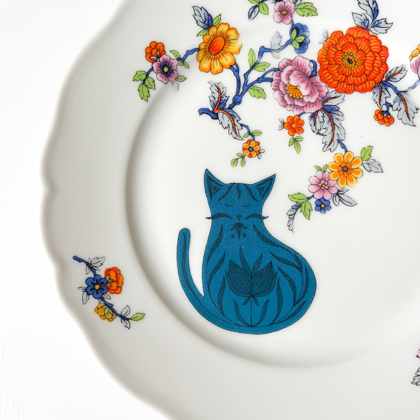 Wandbordje Blauwe kat en bloemetjes