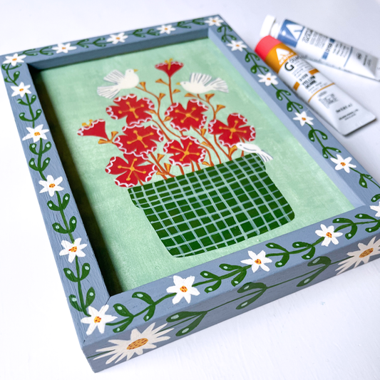 Handbeschilderde lijst met schilderij met bloemen en vogels