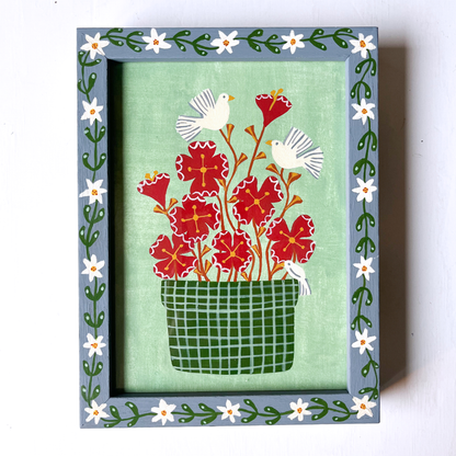 Handbeschilderde lijst met schilderij met bloemen en vogels