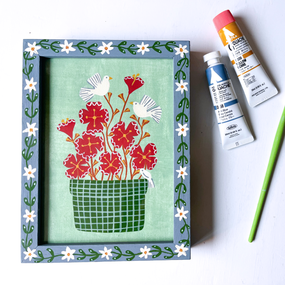 Handbeschilderde lijst met schilderij met bloemen en vogels