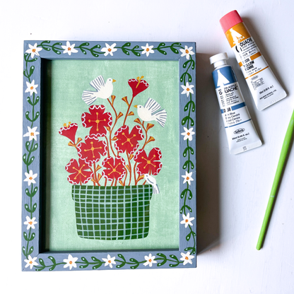 Handbeschilderde lijst met schilderij met bloemen en vogels