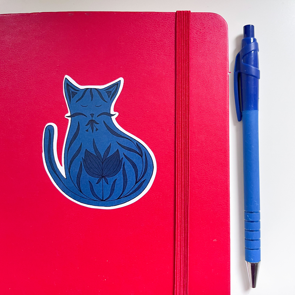 Blauwe kat met bloemen | Sticker