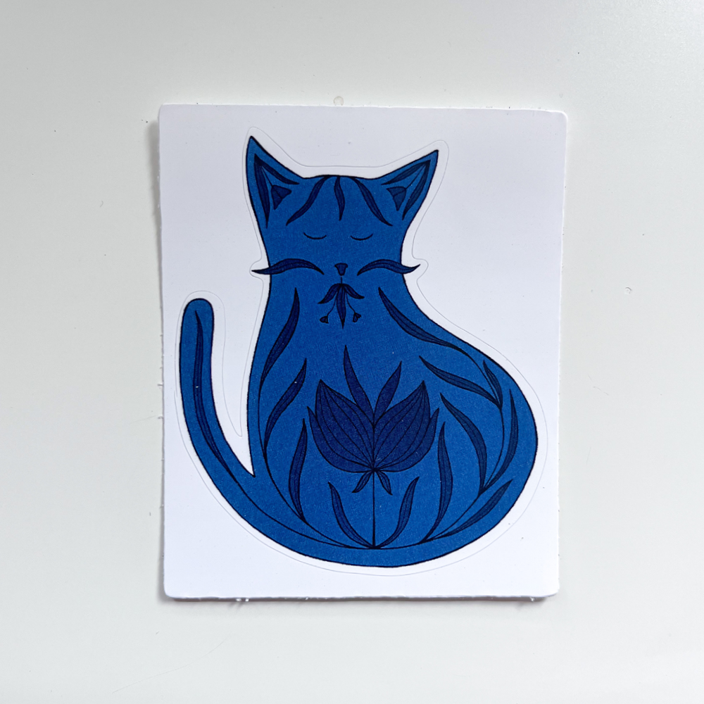 Blauwe kat met bloemen | Sticker