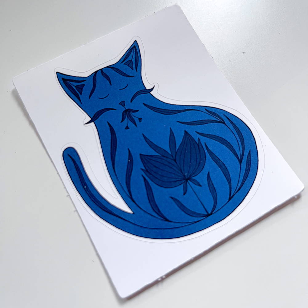 Blauwe kat met bloemen | Sticker