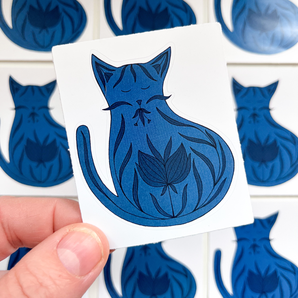 Blauwe kat met bloemen | Sticker
