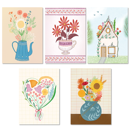 Bloemenkaartenset – Handgetekende Ansichtkaarten (Set van 5)