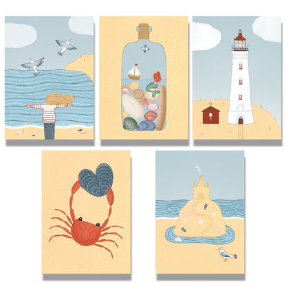 Strand Kaartenset – Handgetekende Ansichtkaarten (Set van 5)