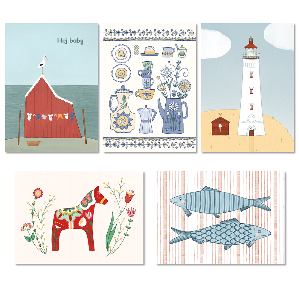 Scandinavië Kaartenset – Handgetekende Illustraties (Set van 5)