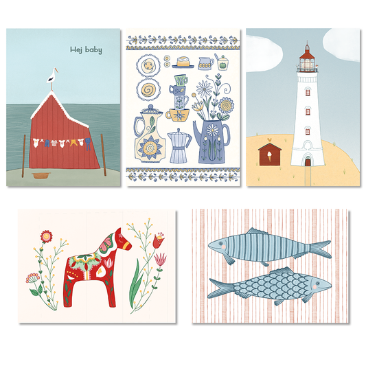 Scandinavië Kaartenset – Handgetekende Illustraties (Set van 5)